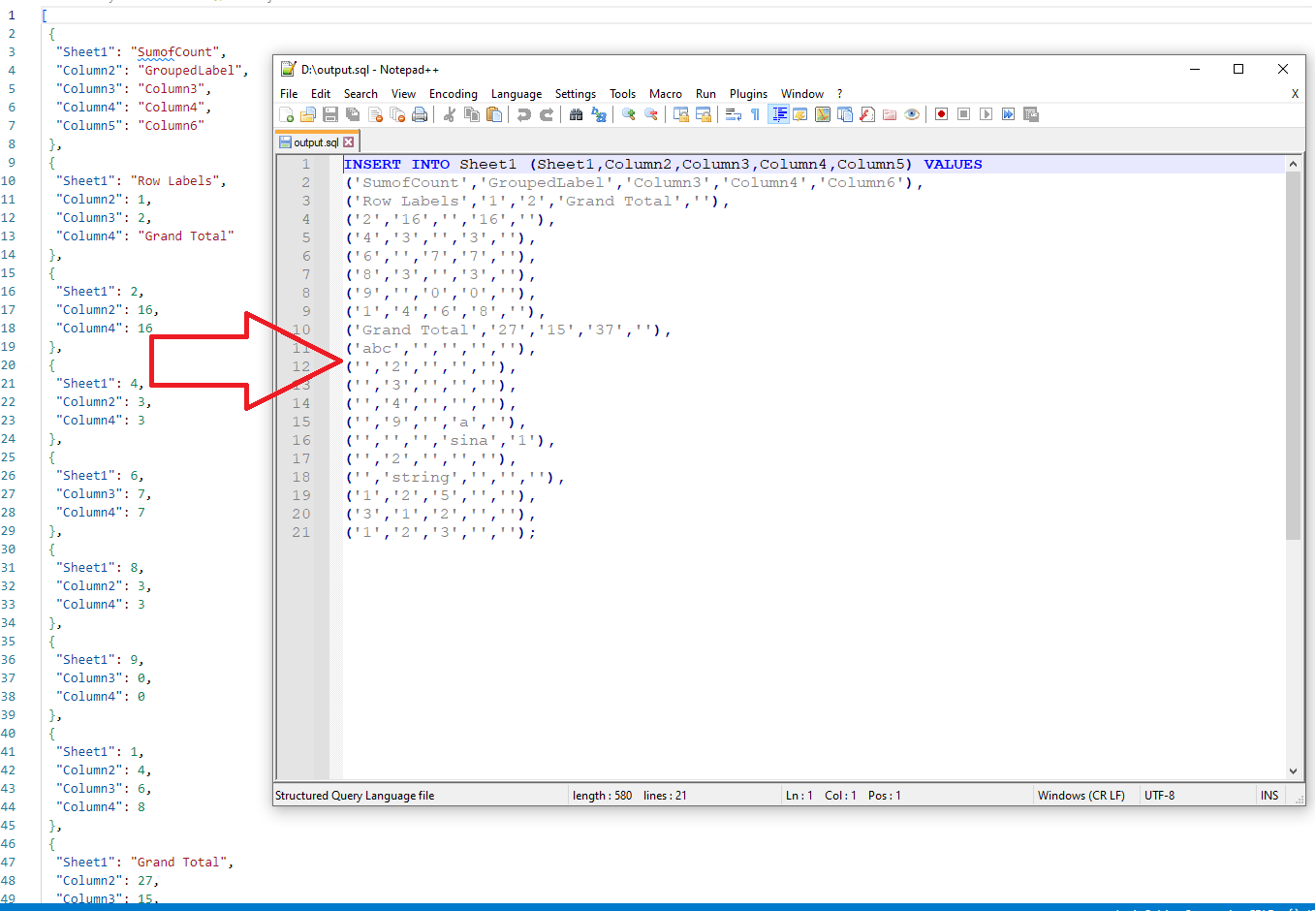 json إلى sql