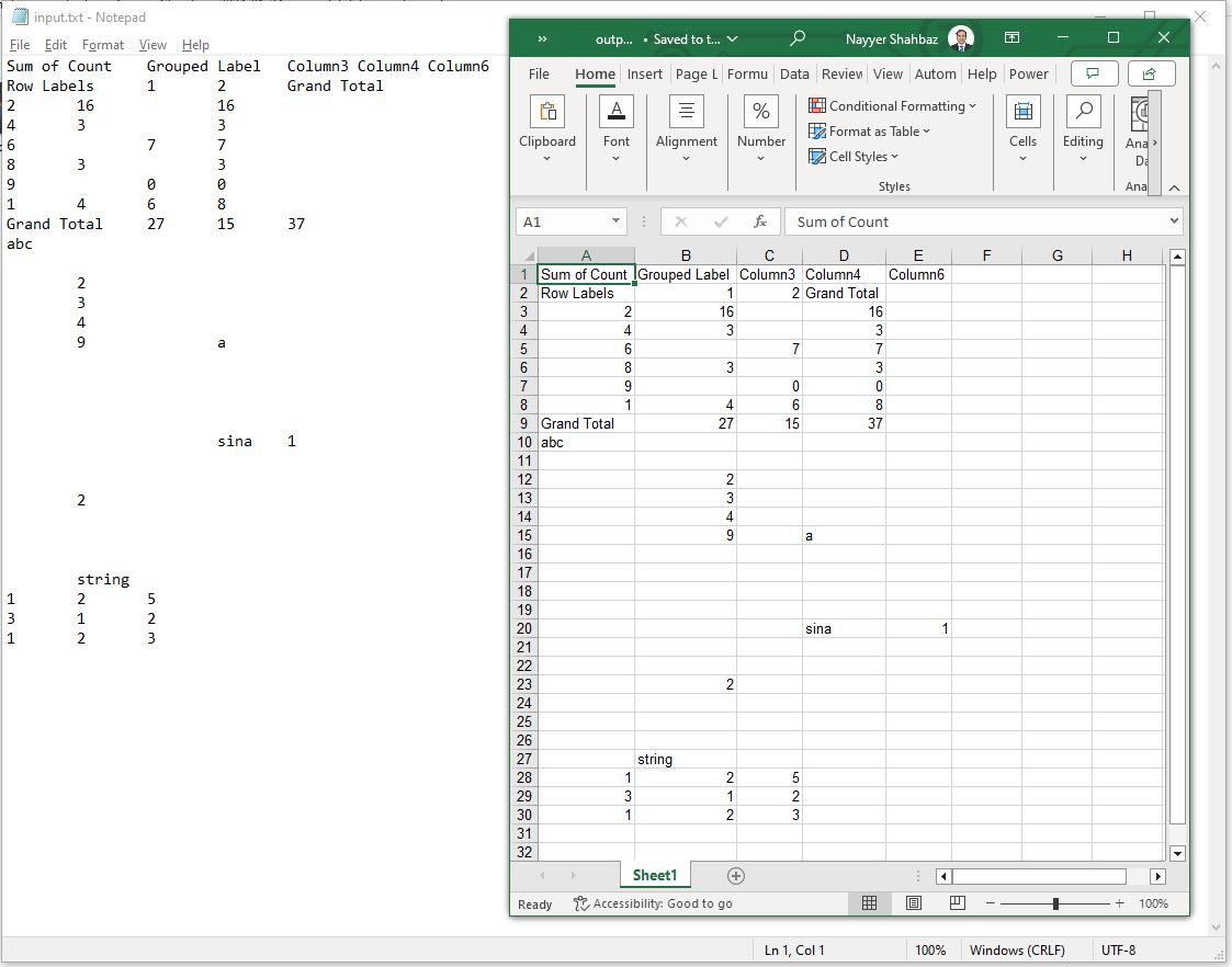 txt to excel preview