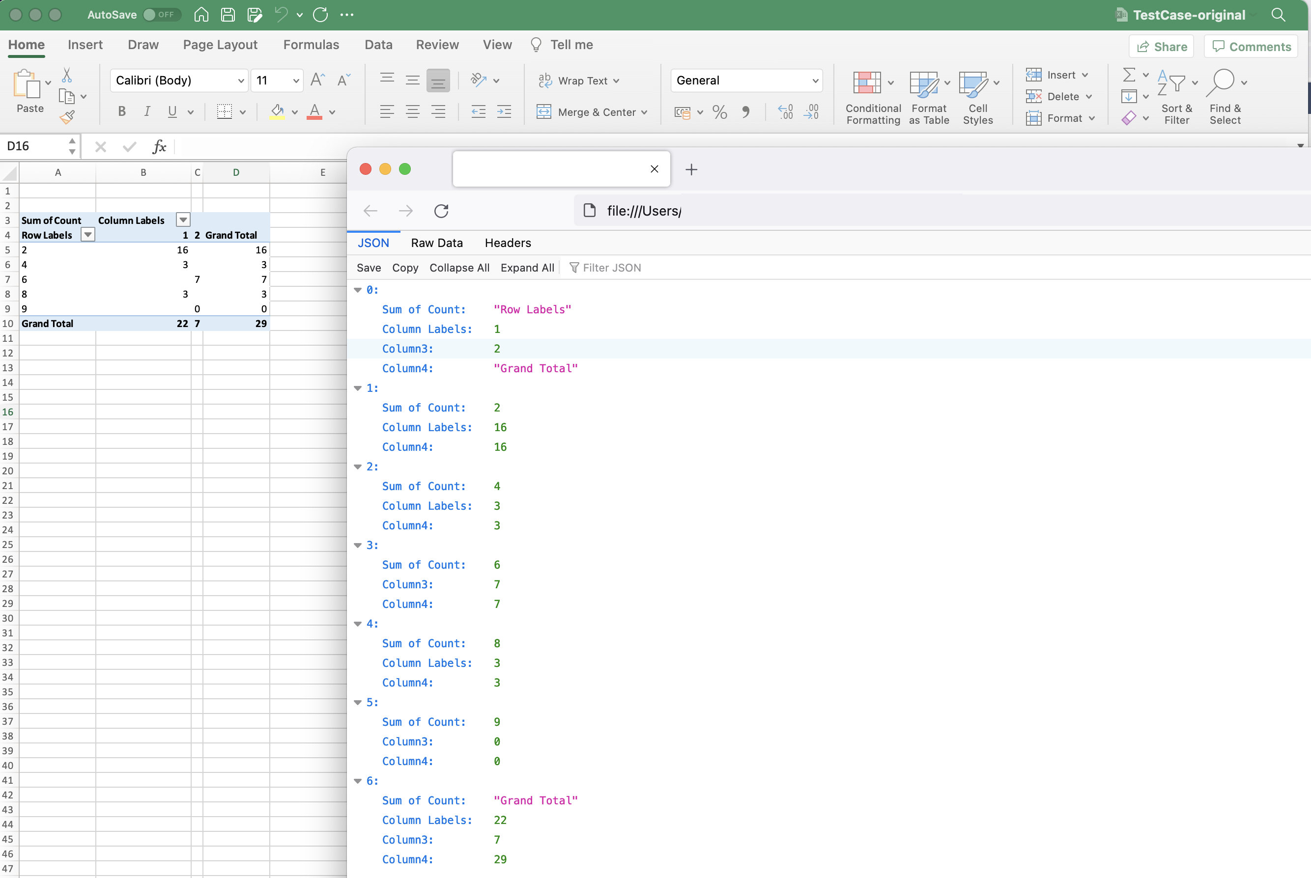Excel to JSON preview