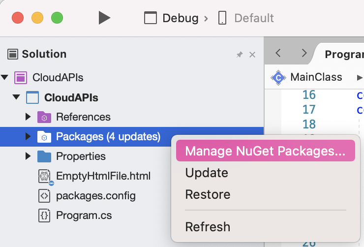 Aperçu de l'option Gérer les packages NuGet