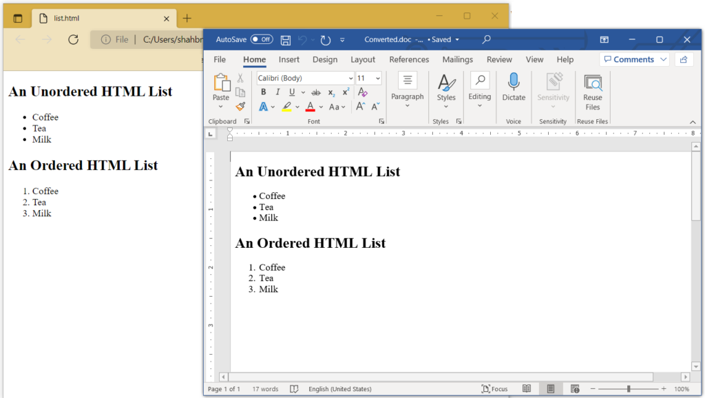 html in word doc