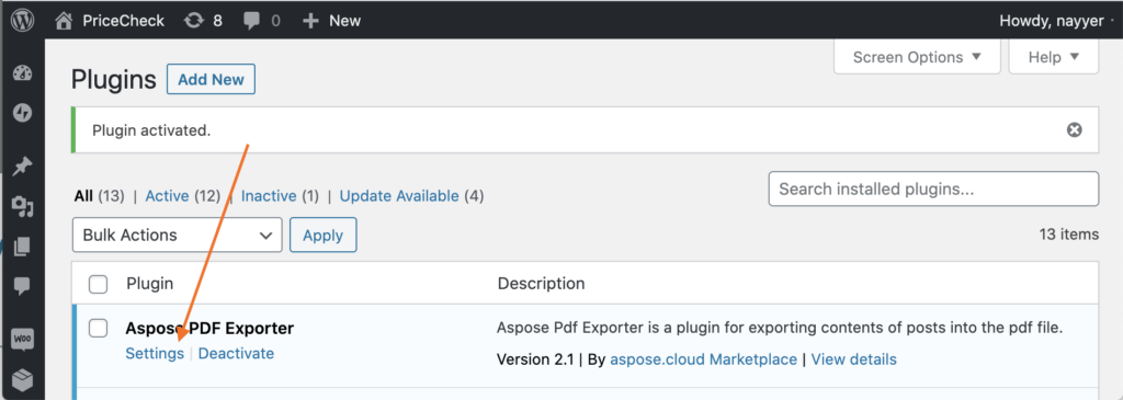 Settings link for Aspose.PDF Exporter plugin