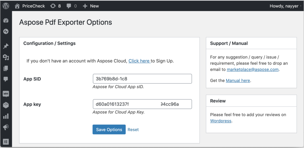 App SID and App Key provision fields.