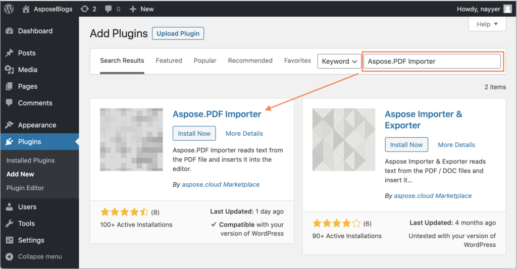 Aspose.PDF Importer plugin as search result