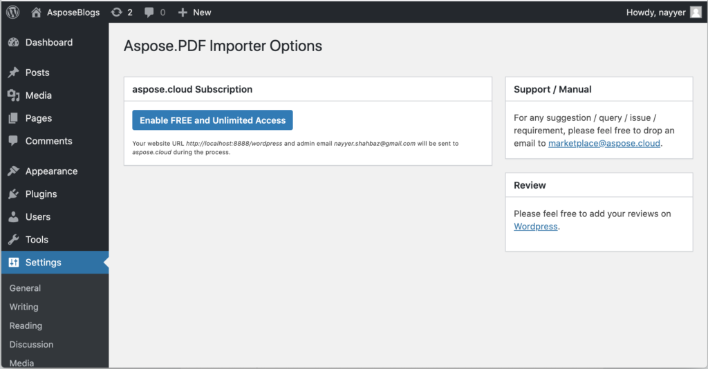 PDF Importer plugin settings screen.
