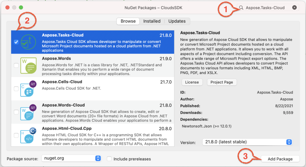 Image 1:- Aspose.Tasks-Cloud as NuGet package.