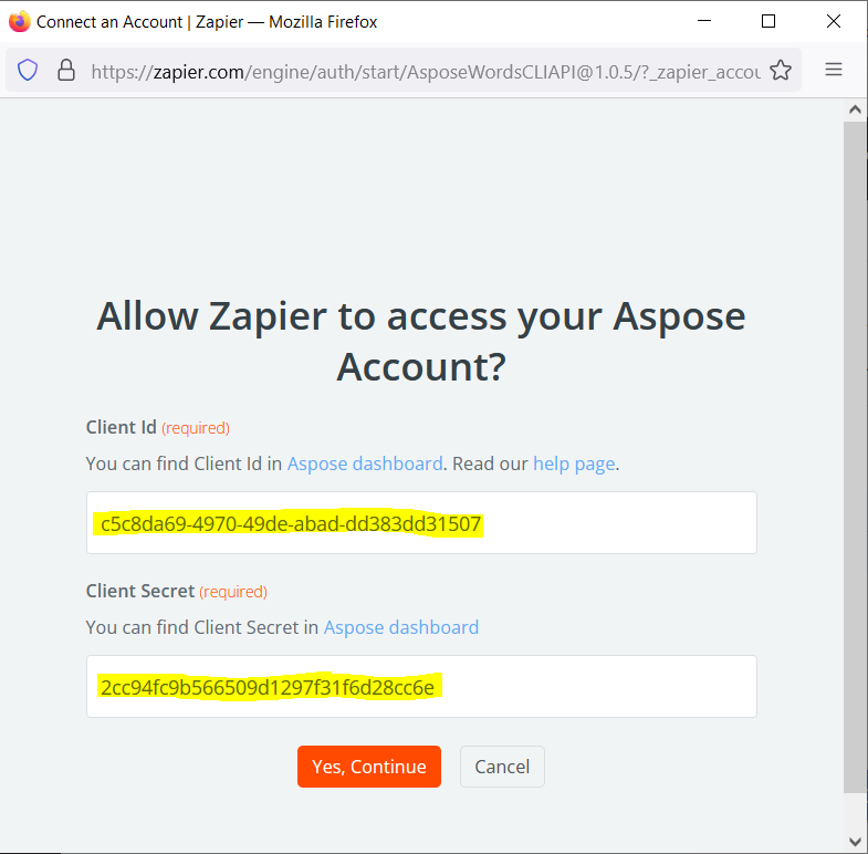 Aspose Client credentials