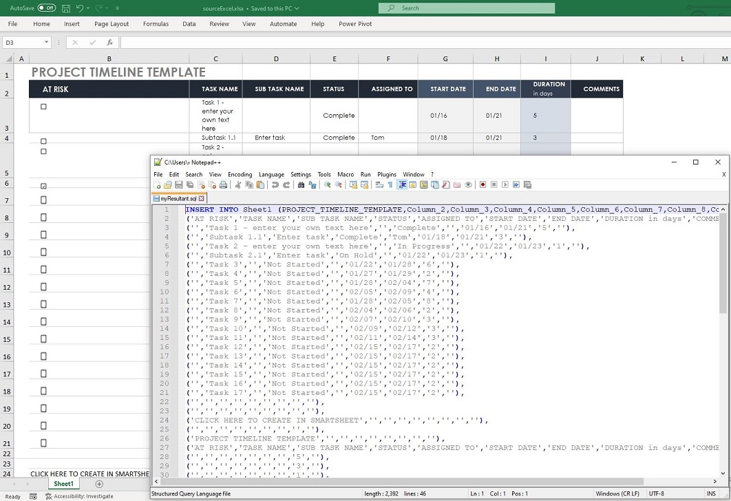 excel'den sql'e dönüştürme