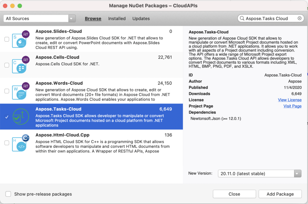 NuGet kütüphanesinde Aspose.Tasks Cloud