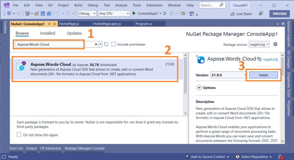 Image 2:- Aspose.Words Package in NuGet Package Manager.