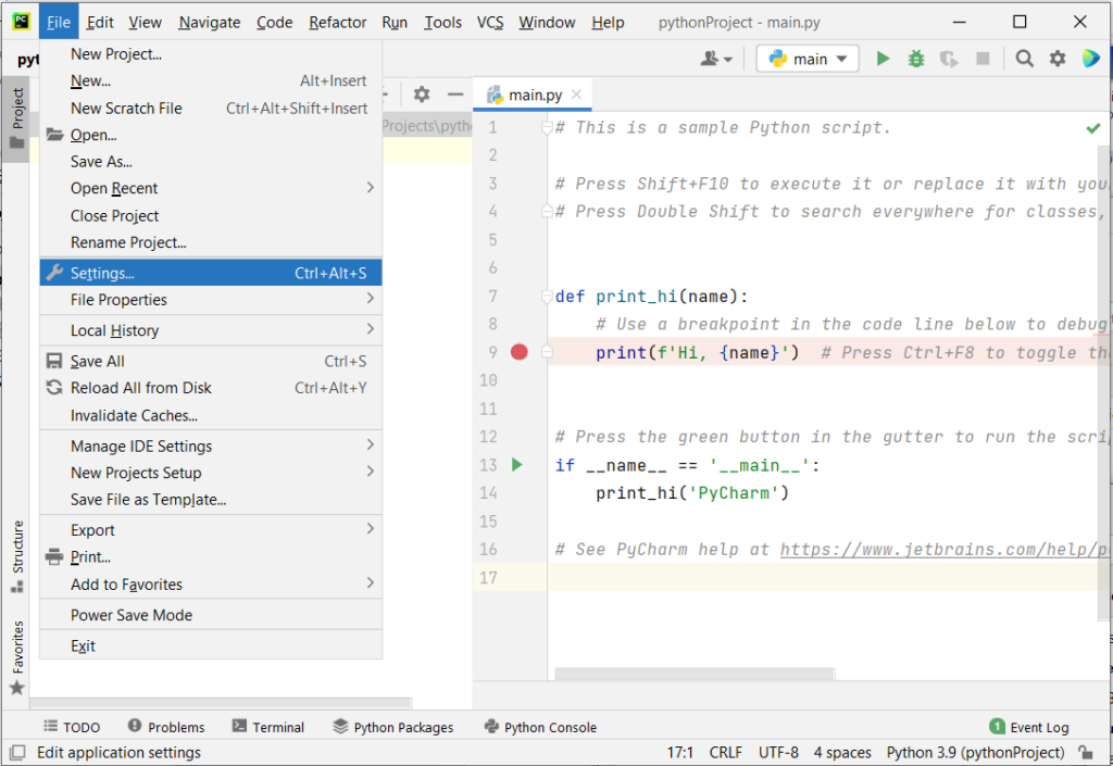 PyCharm settings