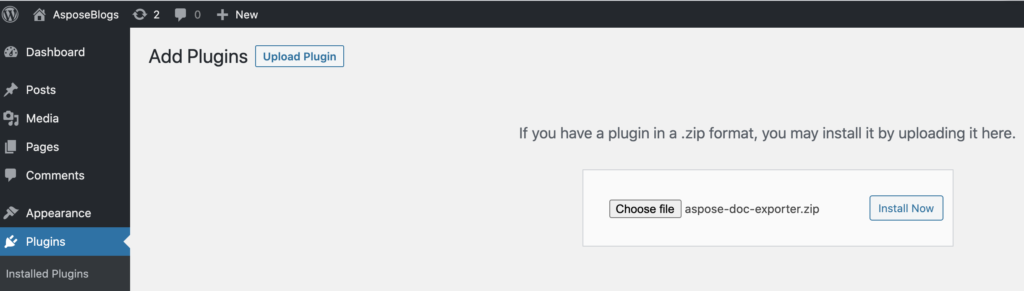 Plugin upload option in the WordPress Admin.